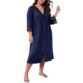 Detailed view of plus size long sleeve nightgown with black lace trim and front slit. - XL / Dresses / Navy Blue