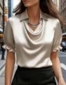 Elegant satin cowl neck short sleeve blouse with ruffled cuffs for women urban detail view. - Champagne