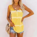 Women fashion tie dye casual tank top summer sleeveless button V neck loose vest. - S / Tops / Yellow