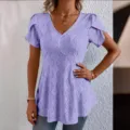 Chic lavender V-neck short sleeve top with delicate eyelet embroidery for daily casual wear. - Purple