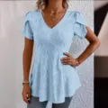 Light blue V-neck short sleeve casual top for women with elegant eyelet embroidery design. - Light Blue