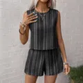 Dettaglio top e pantaloncini a righe senza maniche casual estivi per la moda femminile. - Taglia S / Top e Pantaloni / Nero