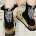 Funny 3D cat design black mid-calf socks for women, cute creative novelty cotton socks - One Size / Black