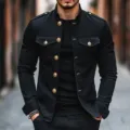 Elegante giacca nera casual slim fit uomo con bottoni dorati e colletto alto chic - Taglia S / Top / Nero