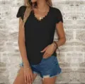 Κομψό μαύρο casual τοπ με V λαιμόκοψη κοντό μανίκι με δαντέλα καλοκαιρινή γυναικεία μόδα - S / Tops / Μαύρο