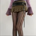 Sexy black fishnet pantyhose with vertical stripes, stylish gothic streetwear tights for women. - One Size / Black