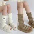 Japanese retro knitted leg warmers for women, autumn winter stacked sock covers with metal tag. - One Size / White and Coffee