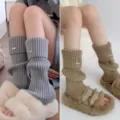 Knit leg warmers with metal tag retro slouch socks winter warm Japanese style cozy footwear - One Size / Grey + Coffee