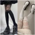 Ribbon bow lace-up tights, sweet Lolita over-the-knee stockings, black and white color options. - One Size / 2 Pairs/Pack / White and Black