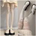 Women white pantyhose thin ribbon strap bow tights sweet variant stylish leg socks - One Size / 2 Pieces/Pack / White And Beige