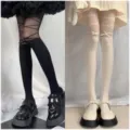 Women ribbon bow tights cute Lolita pantyhose sheer splicing stockings sweet style - One Size / 2 Pieces/Pack / Black And Beige