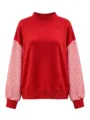 Sudadera mujer cuello alto manga larga con cuadros de contraste, top casual rojo liso. - S / Tops / Rojo