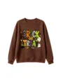 Vista detallada de la sudadera marrón de Halloween con fantasma y texto impreso divertido. - 120 / Tops / Café