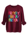 Women thick thermal sweatshirt detail view with colorful Friyay school graphic print design. - S / Tops / Wine Red (5808)