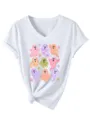 Cute ghost print V-neck short sleeve women's t-shirt casual white tee with knot detail - S / Tops / White