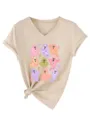 Cute ghost graphic detail on beige women v-neck short sleeve t-shirt casual top - S / Tops / Sand