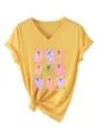 Women's yellow V-neck short sleeve t-shirt featuring cute colorful ghost and star print graphics. - S / Tops / Yellow