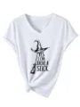 Casual white V-neck short sleeve women T-shirt featuring funny witch hat stick graphic print top. - S / Tops / White