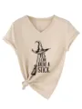 Women khaki V-neck short sleeve T-shirt with funny witch hat print and stylish side knot design. - S / Tops / Sand