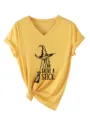 Women's V-Neck Short Sleeve T-Shirt Casual Yellow Top with Witch Hat Graphic and Funny Letter Print. - S / Tops / Yellow