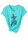 Turquoise V-neck short-sleeve T-shirt featuring a front graphic print and stylish knot hem. - S / Tops / Deep Water Blue