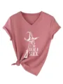 Detailed view of the witty graphic print and classic V-neck on the casual women t-shirt. - Rose Gold (White Graphic)