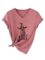 Pink V-neck short sleeve T-shirt with witch graphic and fun text for casual daily wear. - Rose Gold (Black Graphic)