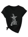 Close-up detail of the black V-shirt featuring a side knot and funny slogan print. - Black