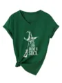 Casual Dark Green V-Neck Short Sleeve Women T-Shirt Featuring Witch Hat Printed Tee - Vintage Green