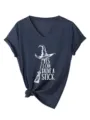Women's V-neck short sleeve T-shirt with cute witch broom graphic and front knot detail. - Navy Blue