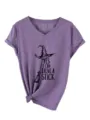 Women's purple V-neck short sleeve T-shirt with funny witch hat graphic casual tee. - Purple (Black Print)