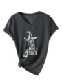 Casual dark grey V-neck short sleeve t-shirt with fun witch broom graphic and knot hem. - Heather Grey (White Print)