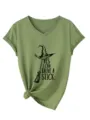 Casual women V-neck short sleeve graphic t-shirt featuring funny witch hat and text print. - Olive Green