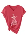 Casual red V-neck short sleeve tee for women featuring a fun witch broom graphic print. - Red
