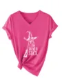 Women casual v-neck short sleeve funny witch broom graphic print pink t-shirt top - Rose Red