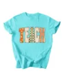 Women short sleeve t-shirt with retro teach letter print casual summer top tee apparel - S / Tops / Deep Water Blue