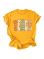 Women casual short sleeve T-shirt detail, vintage TEACH graphic print on yellow cotton fabric. - S / Tops / Yellow