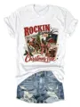 Camiseta casual de algodón de manga corta para mujer con estampado navideño de vaquero. - S / Tops / Blanco
