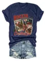 Camiseta de manga corta de algodón con gráfico de vaquero navideño vintage mujer casual - S / Tops / Azul Marino