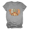 Women's Gray Short Sleeve T-Shirt Autumn Teach Pumpkin Bow Graphic Casual Tee Tops - S / Tops / Dark Gray
