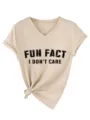 T-shirt casual da donna con scollo a V e maniche corta con stampa di lettere e nodo laterale. - Taglia S / Top / Colore sabbia