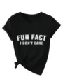 Camiseta casual de mujer negra con cuello en V y manga corta con estampado de letras. - S / Tops / Negro (Estampado Blanco)