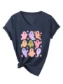 Γυναικείο T-shirt με V-neck και χαριτωμένο τύπωμα φαντάσματος, casual μπλούζα. - Ναυτικό Μπλε