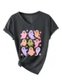 T-shirt με V λαιμόκοψη, κοντό μανίκι, χαριτωμένο σχέδιο φαντασματάκια και κόμπο. - Μαυρόγκρι Μελανζέ
