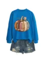 Women casual blue long sleeve sweatshirt paired with stylish distressed denim shorts outfit. - S / Tops / Lake Blue