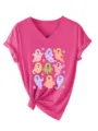 Λεπτομερής εικόνα από casual γυναικείο T-shirt με V-λαιμόκοψη και χαριτωμένα φαντάσματα. - Τριανταφυλλί