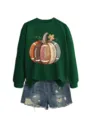 Dark green crewneck sweatshirt with a creative football pumpkin graphic and denim shorts. - S / Tops / Dark Green