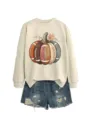 Autumn women's fashion long sleeve sweatshirt with creative rugby pumpkin print detail shot. - S / Tops / Sand