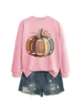 Women fall football pumpkin graphic pink sweatshirt denim shorts set casual autumn outfit. - S / Tops / Pink