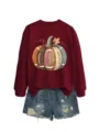 Women autumn winter sweatshirt graphic football pumpkin print long sleeve top with denim shorts. - S / Tops / Burgundy